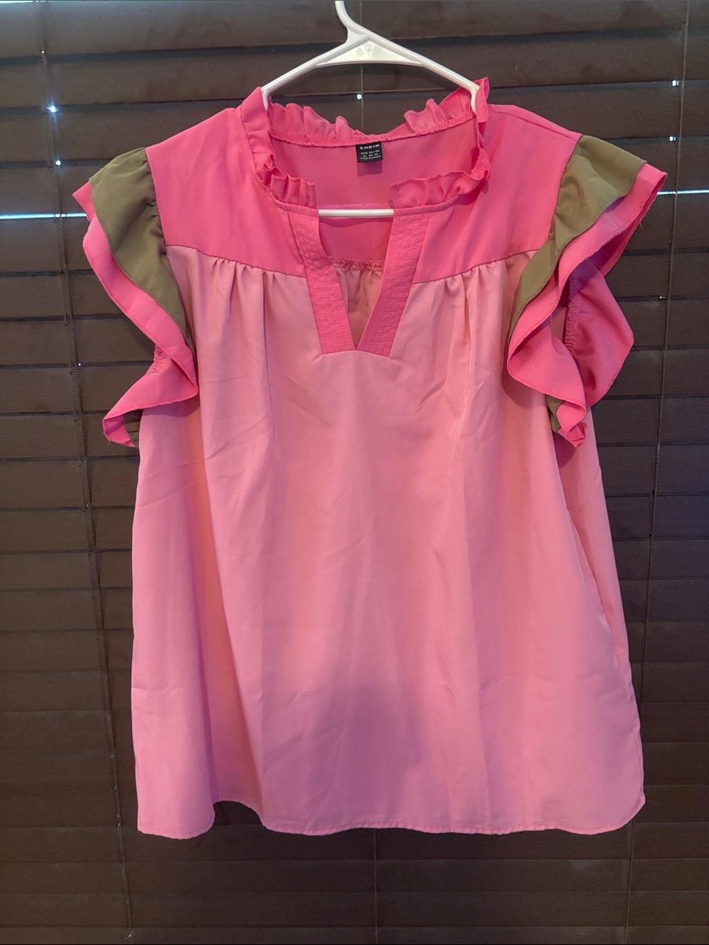 SHEIN Pink Ruffle-Sleeve Blouse with Olive Trim